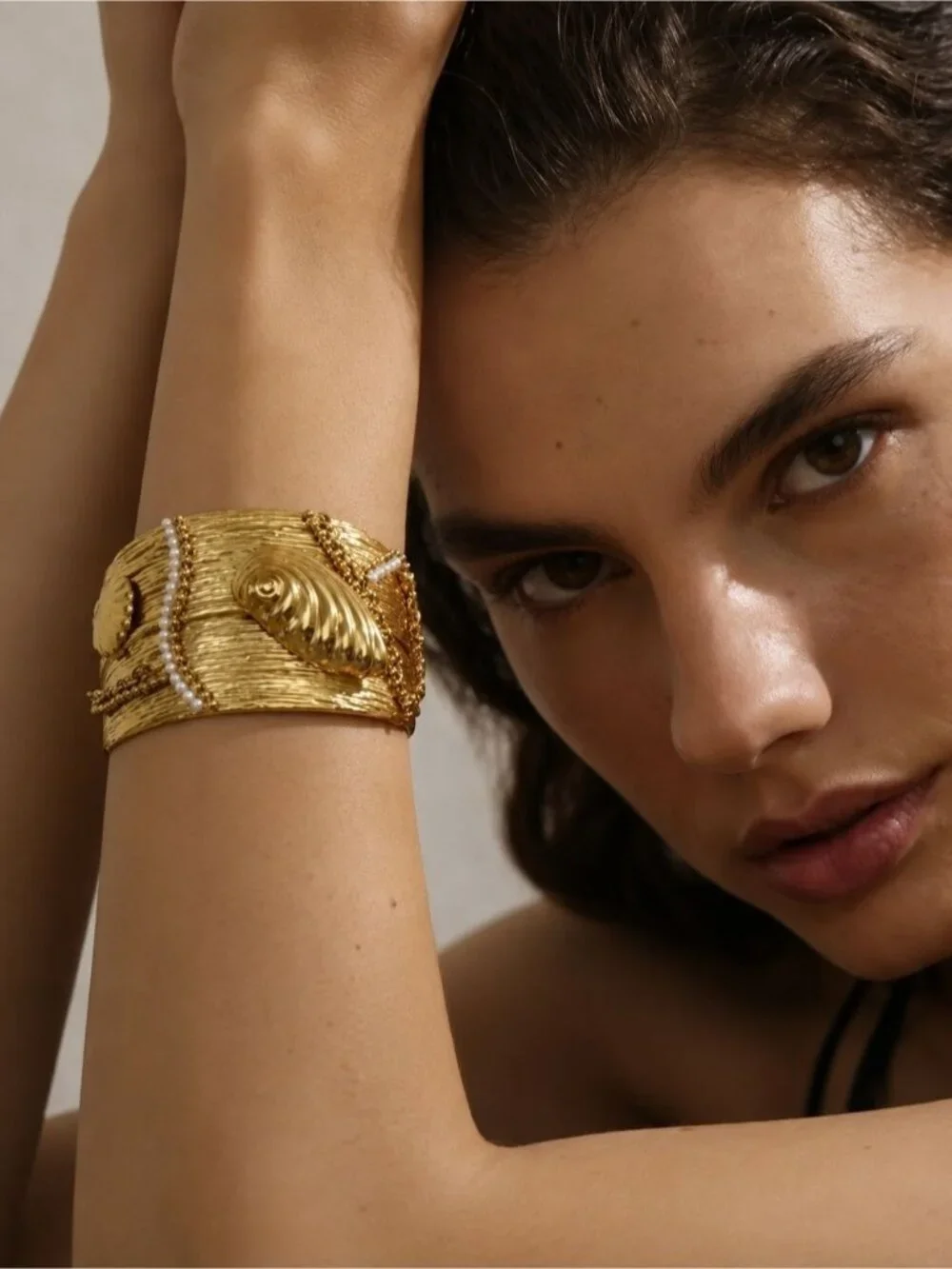 Gold Textured Wave Cuff with Rhinestone Accent